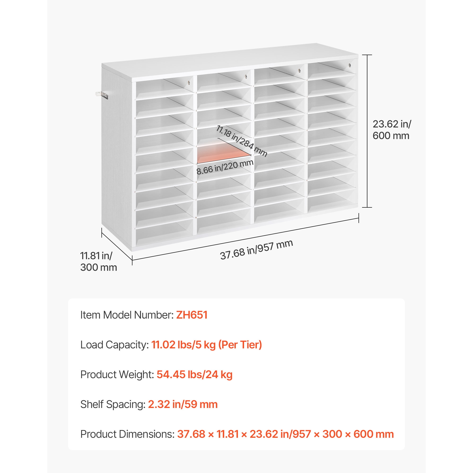 KFFKFF 36-Compartment Literature Organizer with Adjustable Shelves, Wooden Mail Sorter for Office and Home, Countertop Storage Solution for Files, Documents, and Papers, White