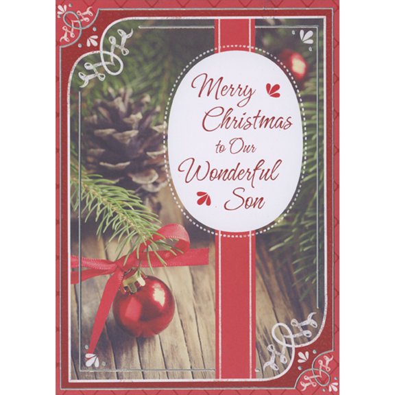 Designer Greetings Red Ornament, Red Bow, Pine Cone and Needles Closeup Photo Christmas Card for Son