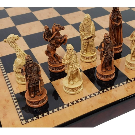Antique White Brown Norse Viking CHESS SET with 18" Walnut Color Board