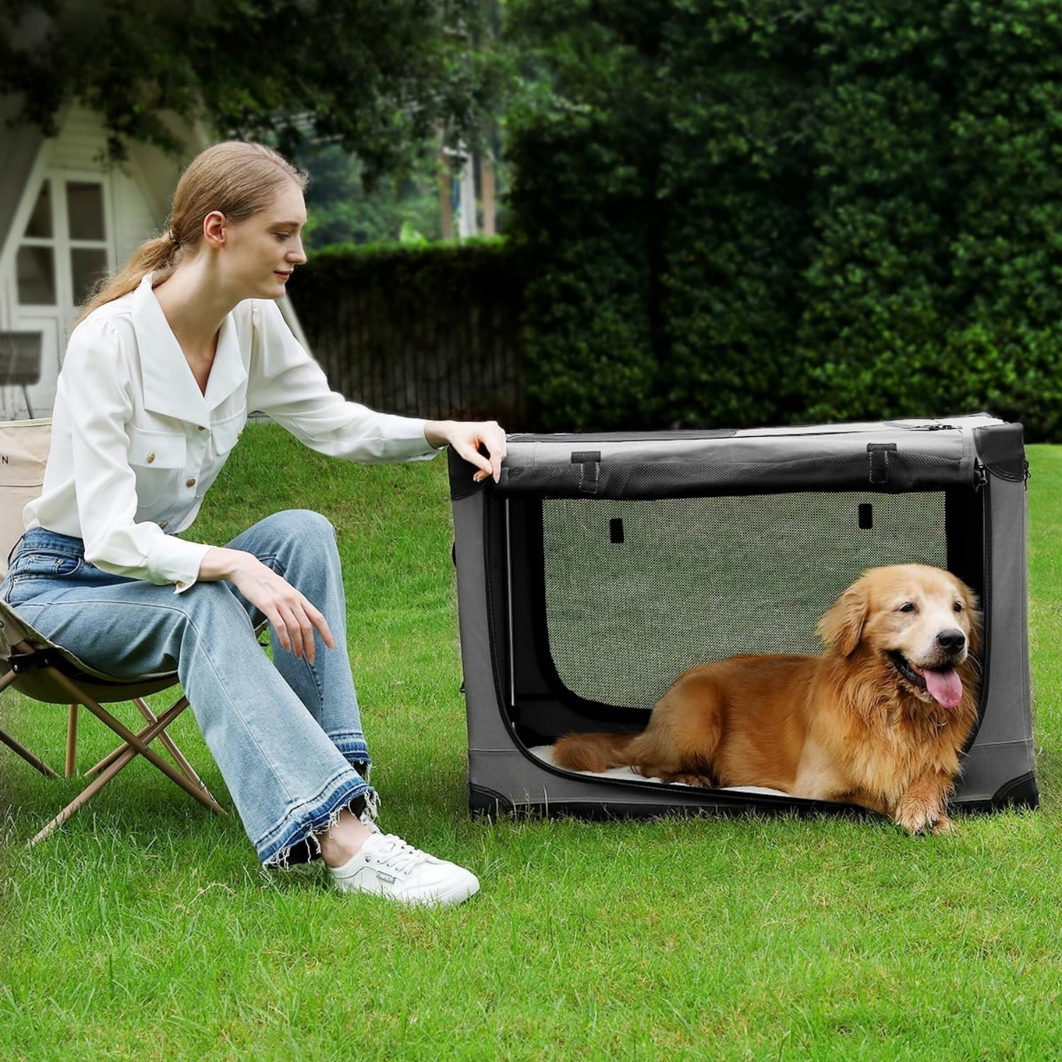 24 Inch Collapsible Travel Dog Crate for Medium Large Dogs, Portable Dog Crate 4-Door Foldable Soft Kennel with Durable Mesh Windows for Indoor & Outdoor Travel, with Storage Bag