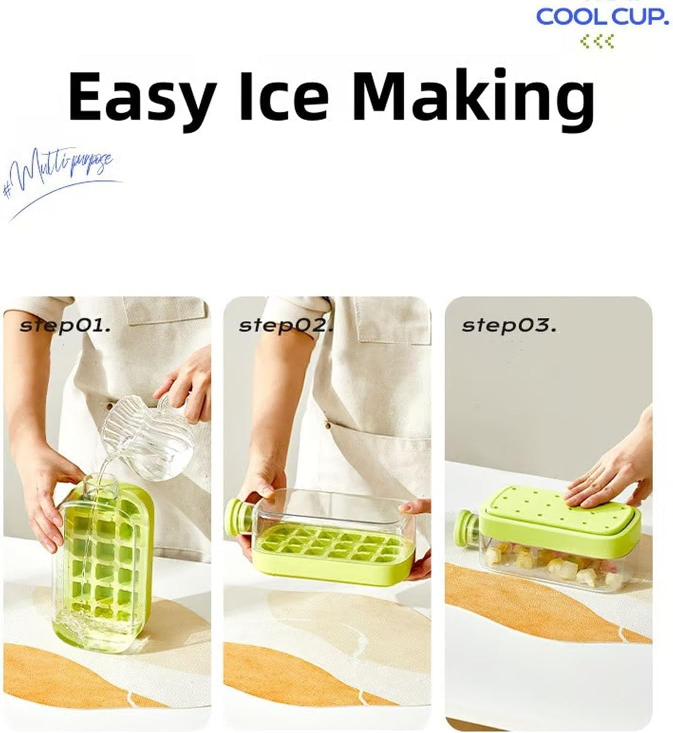 Ice Bottle Cup, 2 in 1 Zero Touch Press Ice Cube Mold Water Bottle with Lid and Bin, Ice Cube Bottle, Easy Press to Release Vertical Ice Cube Tray with Lid for Freezer (Pink, 500ML)