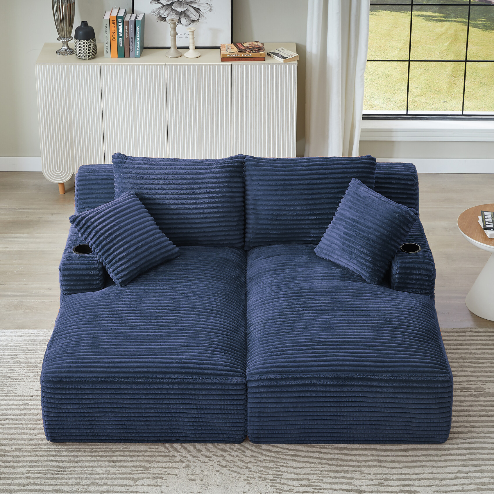 71" Oversized Double Chaise Lounges Indoor, Upholstered Corduroy Sofa Bed with Dual Cup Holders, Sectional Sleeper Loveseat for Living Room, Blue