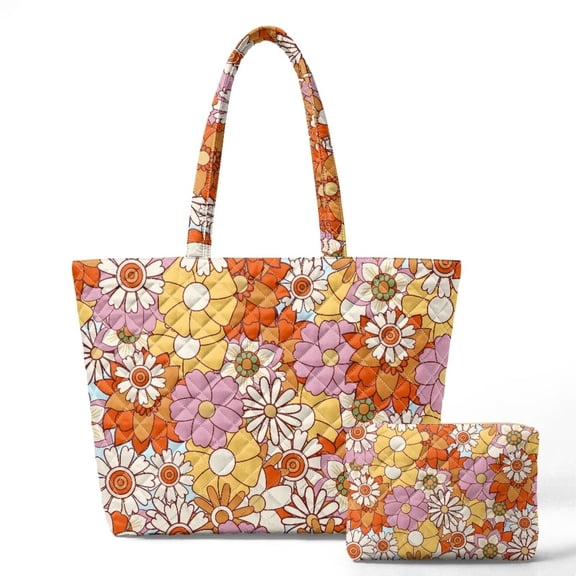 Xixirimido Vintage Hippie Flower 2-in-1 Quilted Tote & Makeup Bag, Lightweight Spacious Shoulder Bag for Daily, Travel & Shopping Use