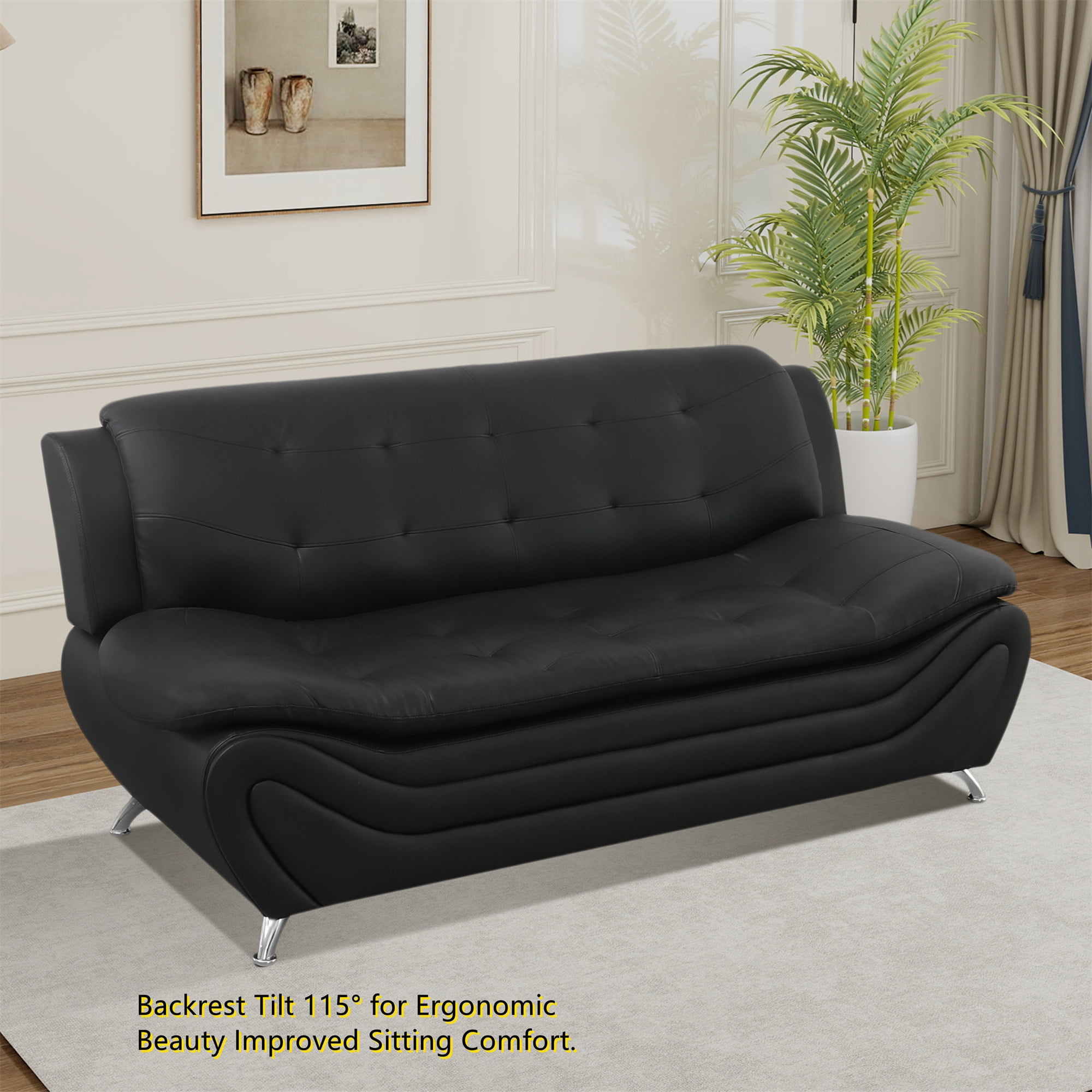 Aukfa 3 Piece Sofa Set - 76.5" Upholstered 3 Seat Sofa Couch for Living Room Bedroom, Leather, Black