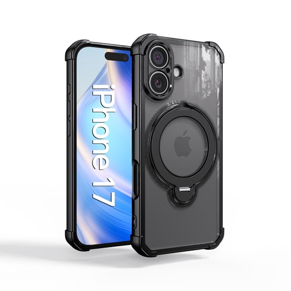 ShellTech Magnetic Case for iPhone 17 with Kickstand Compatible with Magsafe, 360° Ring Holder Stand Translucent Back Cover, Raised Screen & Camera Protection Drop-resistant Phone Shell,Black