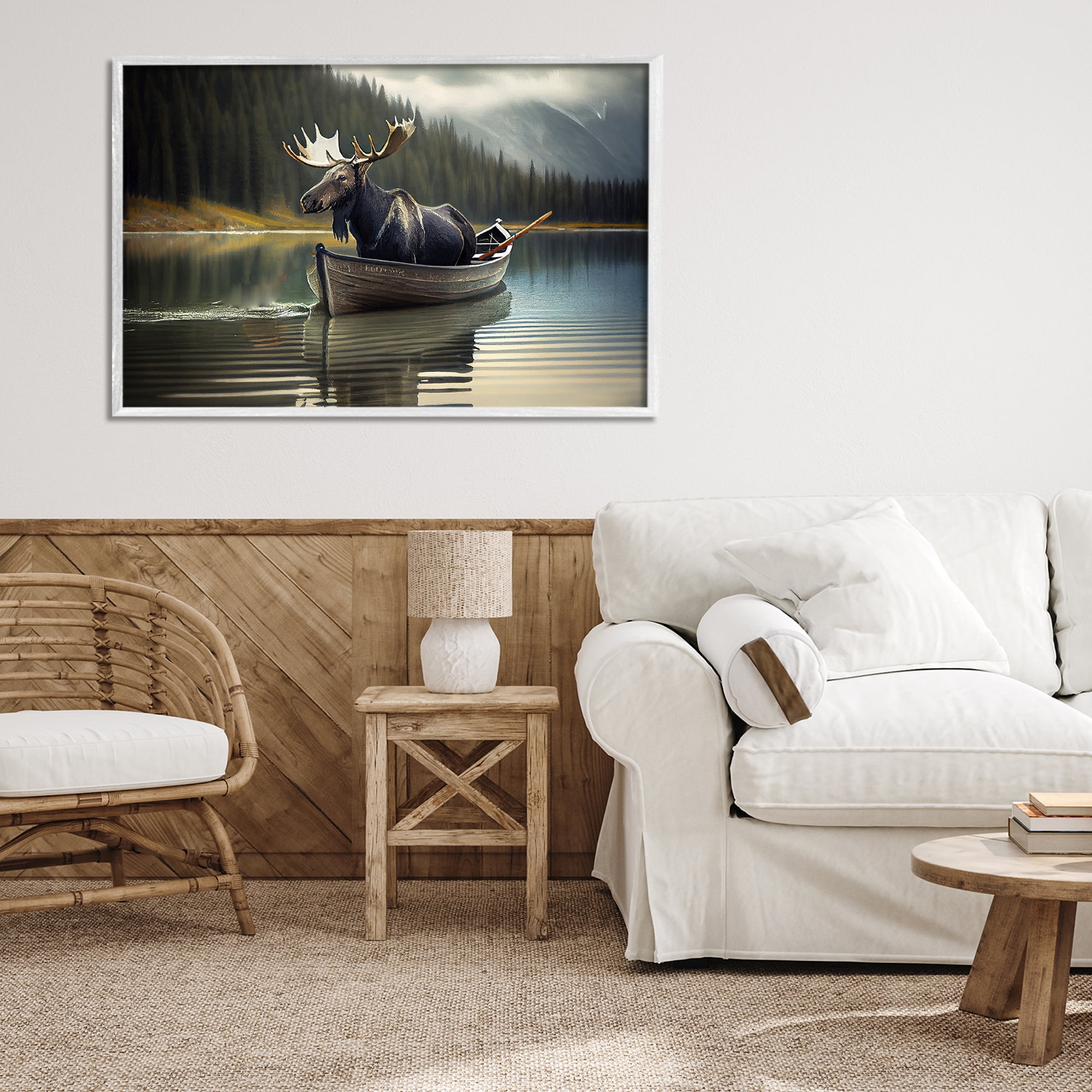 Moose in Canoe Tranquility White Framed Giclee Art, design by Sasha