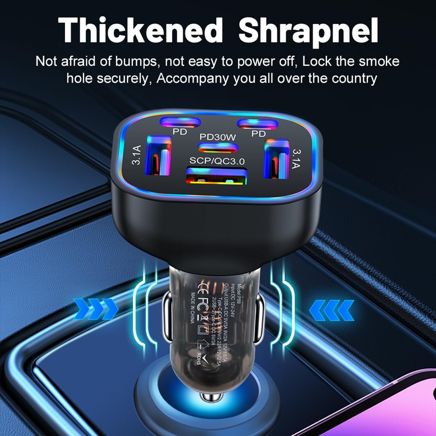 Multi port 6 Ports USB C Car Charger 12v 24v Cigarette Lighter Charger Adapter With PD30W Fast Charge Compatible with Iphone 16 15 14 13 12 11 Pro max Plus Samsung Huawei Xiaomi and more Android