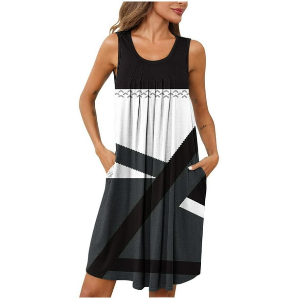 Camisón corto estampado con bolsillos para mujer, sin mangas, con pliegues, cuello redondo, de poliéster