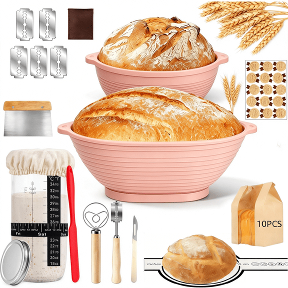Sourdough Starter Kit, Complete Bread Baking Supplies with Round & Oval Silicone Bread Proofing Basket Set, Bread Making Tools Set Baking Gifts for Beginners & Home Bakers