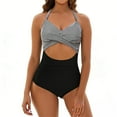 thumbnail image 4 of BiZtdJrK Womens Fashion One Piece Swimsuits Cross Tie Back Striped Print Beach Vacation Swimwear Wrap Front Cutout High Waisted Bathing Suit Black S, 4 of 8