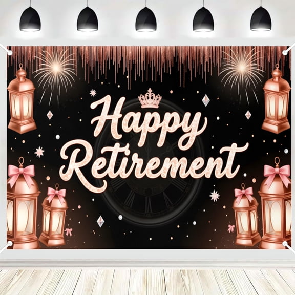 Happy Retirement Backdrop, Rose Gold Lantern Glitter Photo Background Banner for Retirement Party, Photography Booth Decorations 16x24in