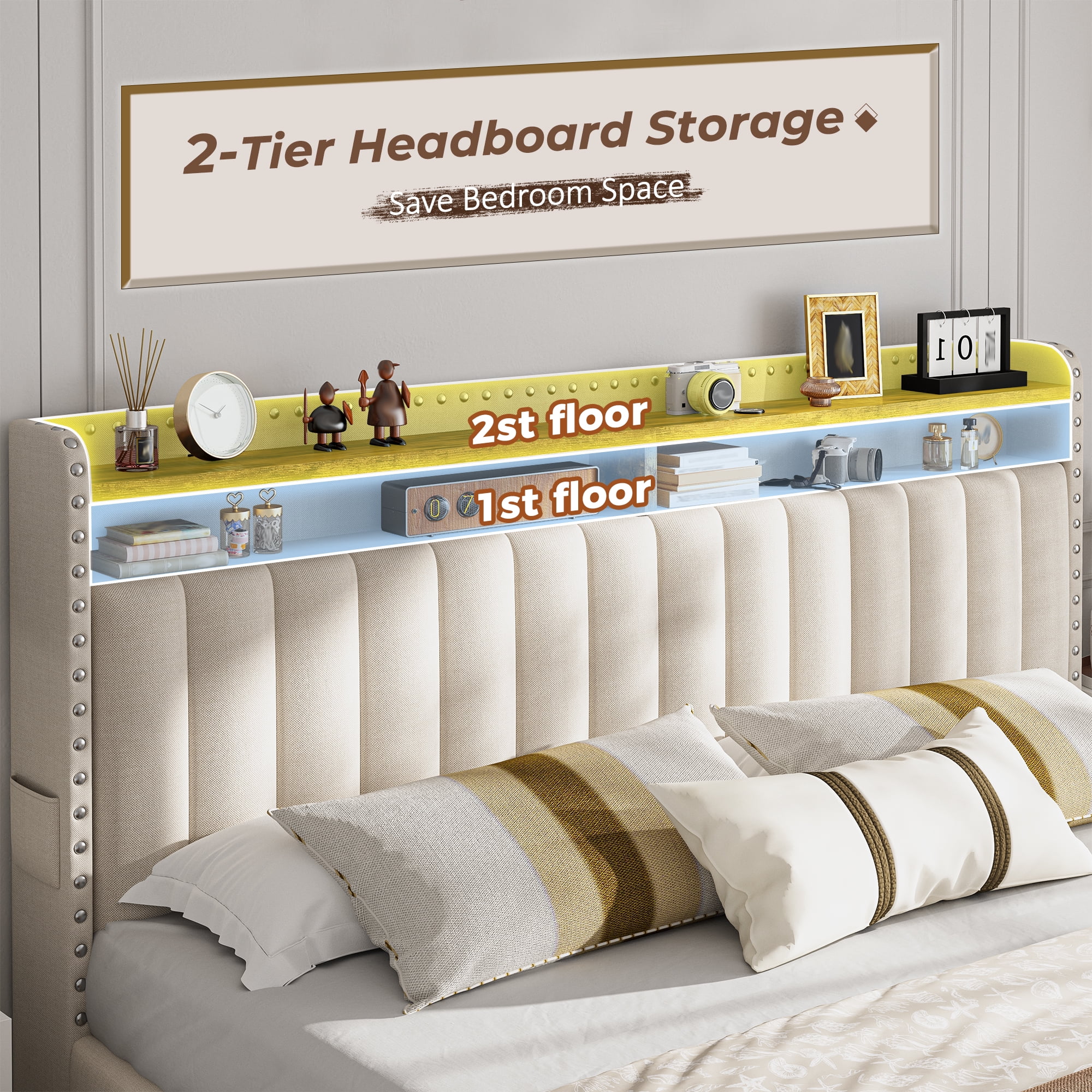 Queen Size Bed Frame with 3 Storage Drawers Upholstered Bed Frame with 2-Tier Shelf Bed Frame with Headboard & Side Pockets,Beige