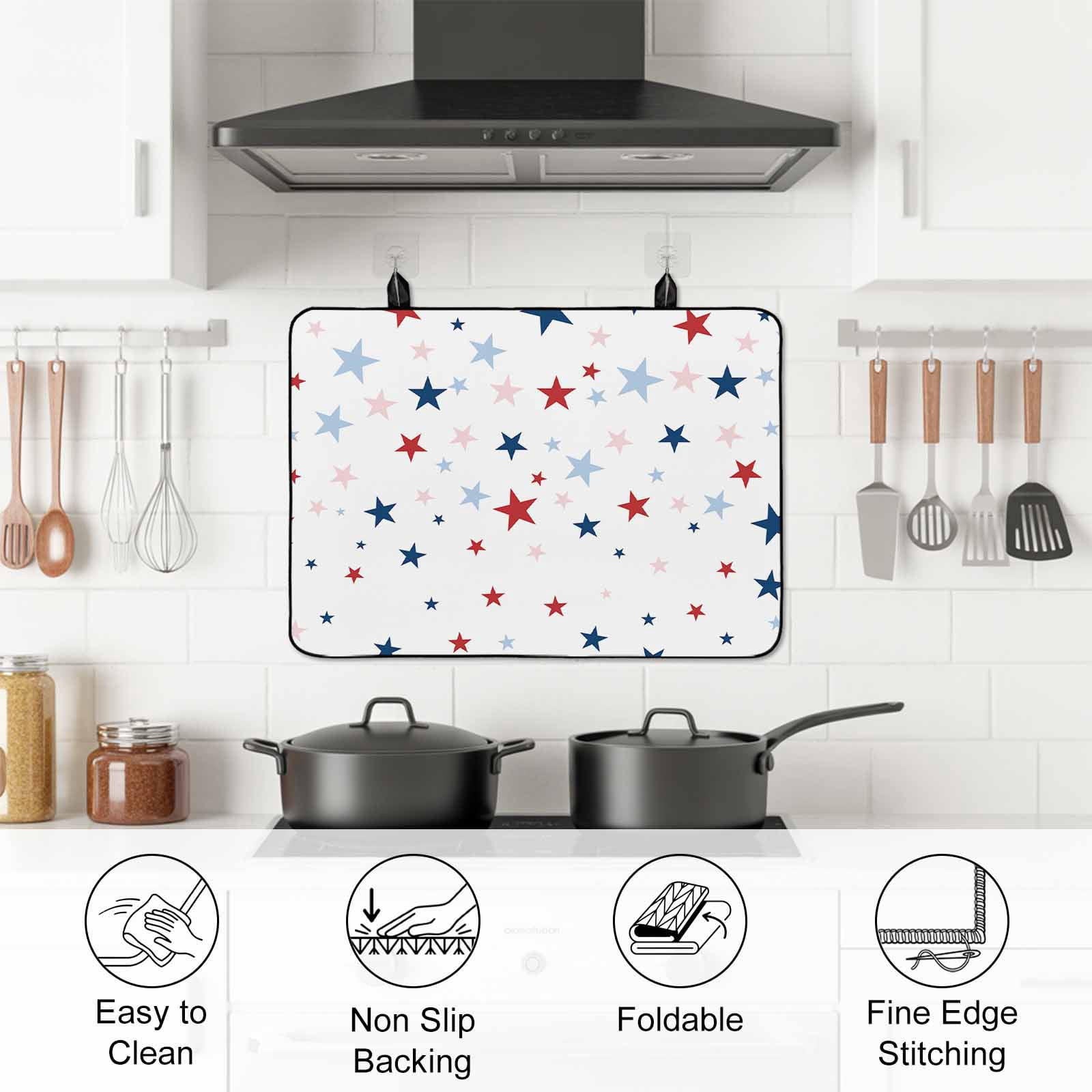 Independence Five-pointed Star Shining Stove Top Cover for Electric Stove, Heat-proof & Non Slip Glass Top Stove Cover Protector, White American Flag Day Kitchen Flat Cooktop Rubber Mat 24x21 Inches