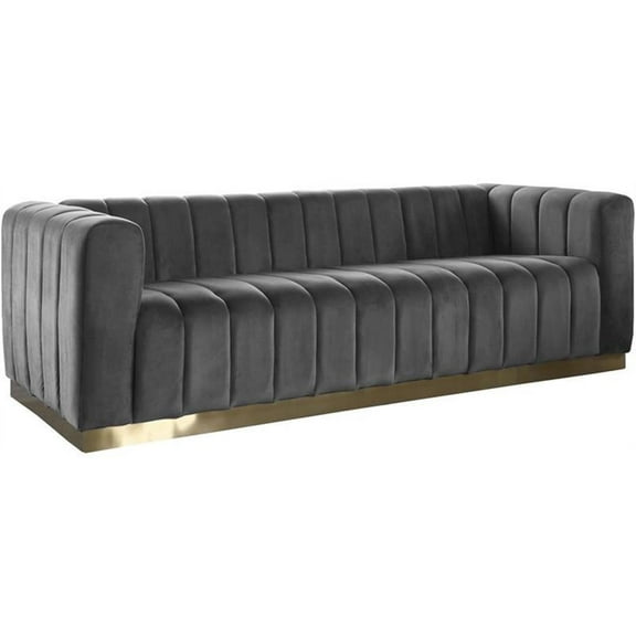 Maklaine Contemporary Velvet/Stainless Steel Sofa in Gray/Brushed Gold