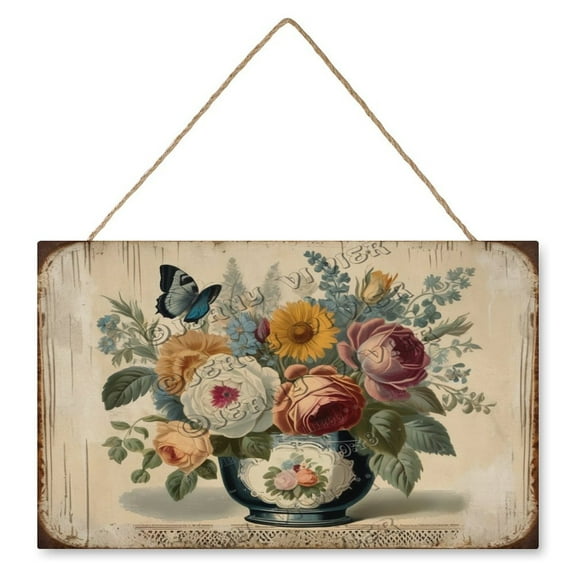 Flower Bouquet Home Wood Sign Wall Decor, Rustic Hanging Home Decor Signs Farmhouse Decorative Floral Wall Art Plaque for Bedroom Living Room Bathroom Kitchen 10"x16"