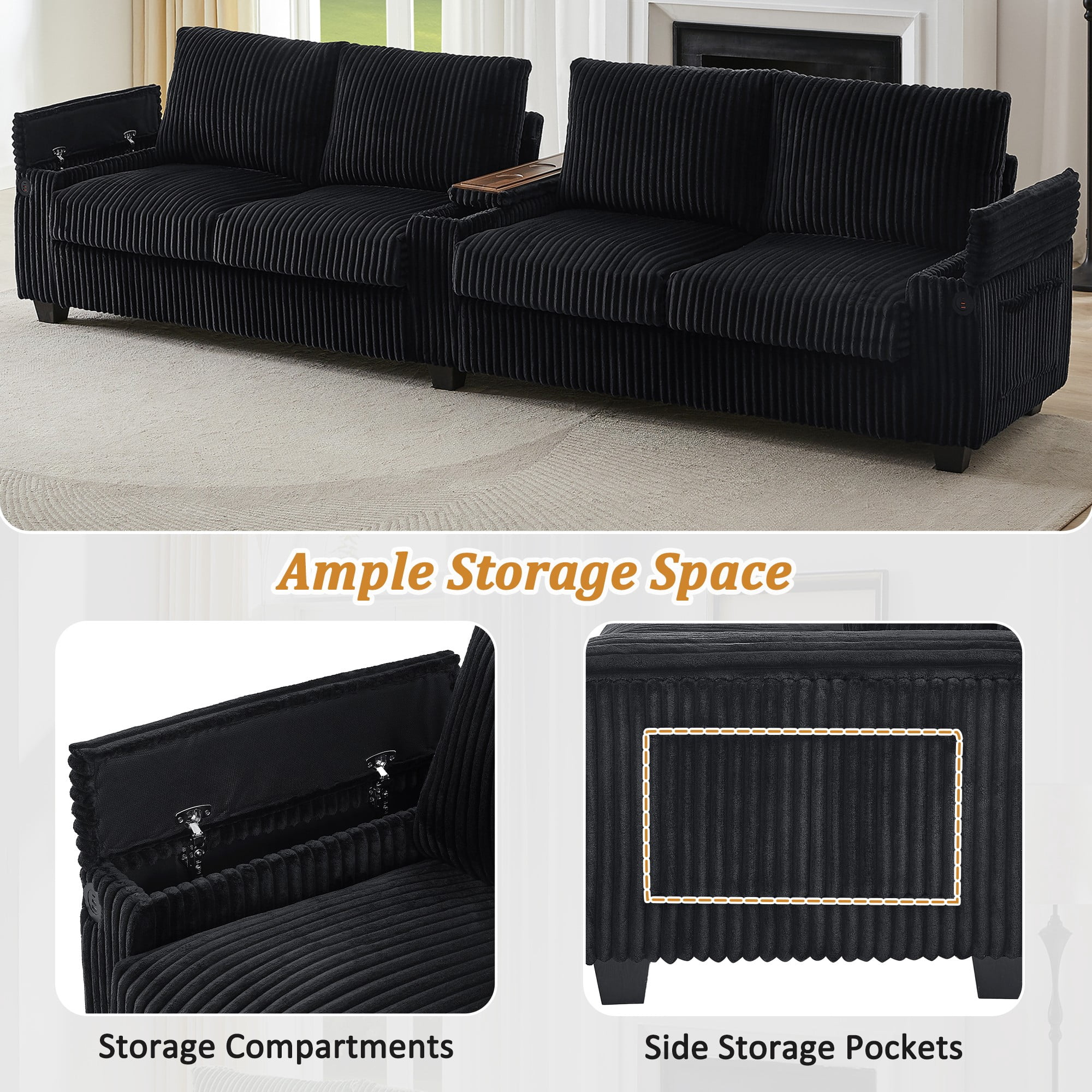133" Modern Sofa,4-seater Corduroy Sofa Couch with USB Ports,Hidden Storage Arms, Flip-Top Cup Holders for Living Room,Black