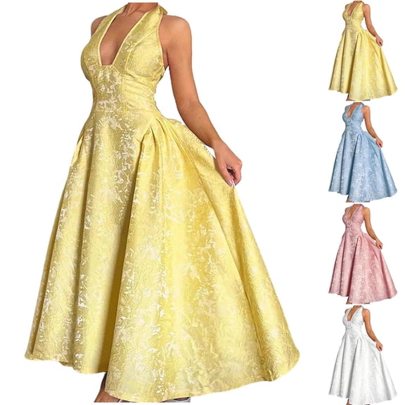 Lovzfmll Cocktail Dress for Women, Plus Size V-Neck Sleeveless A-Line, Party Maxi Dress Yellow, S