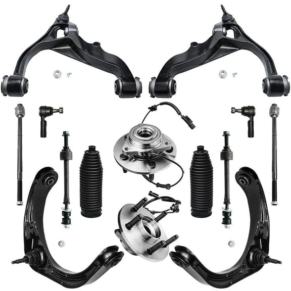Detroit Axle - 14pc Suspension Kit for 4WD 5 Lug 2006 2007 2008 Dodge Ram 1500, 4 Upper & Lower Control Arms, 2 Wheel Bearing Hubs, 4 Inner & Outer Tie Rods, 2 Sway Bars, 2 Boots, Replacement