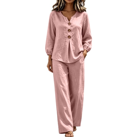 Aofany Outfits Sets for Women Long Sleeve Shirts & Wide Leg Pants Loose Fit Casual 2 Piece Sets