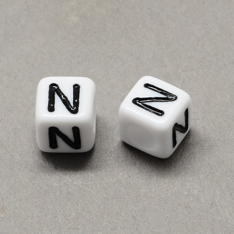 Large Hole Acrylic Letter European Beads Horizontal Hole White Black Cube with Letter.N 6x6x6mm Hole: 4mm 2950pcs/500g