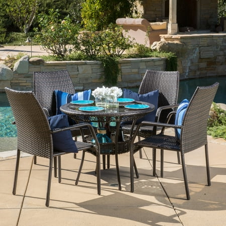 Brewer 5 Piece Outdoor Round Glass Top Wicker Dining Set, Multibrown