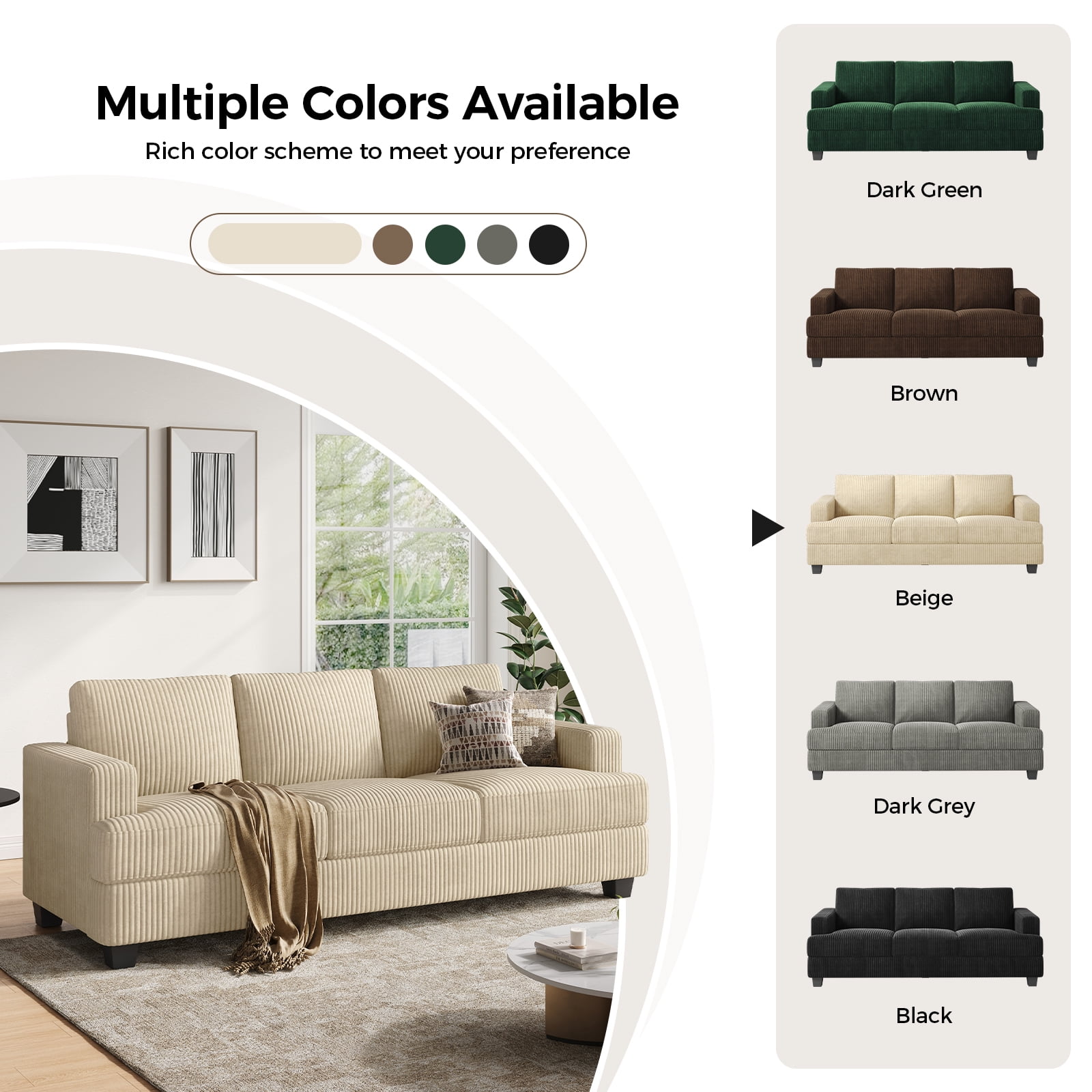 BLAZANT 89" Extra Deep Seats Oversize, Wide Corduroy Fabric 3 Seater Sofa for Living Room, Modern Couch and Sofa, Comfy Armrests and Seats and Backrests, Easy Installation,Beige
