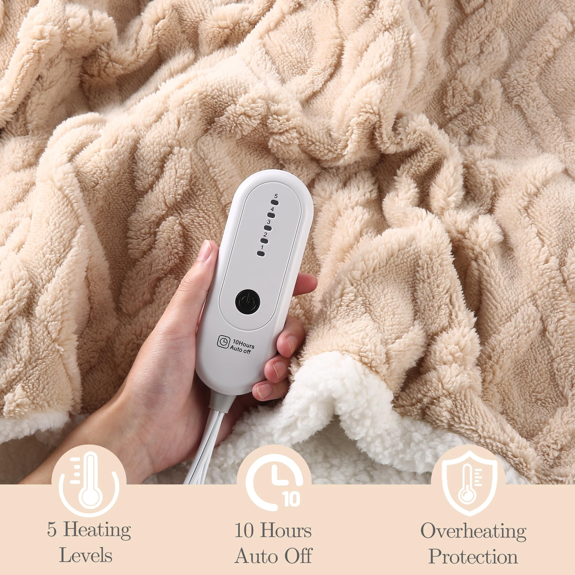 TRUSTWARMTH Heating Blanket Twin Size - 62"x84" Electric Blanket with 10 Hours Auto off & 5 Heating Levels, Ultra Soft Jacquard Shaggy Sherpa, Machine Washable, Beige