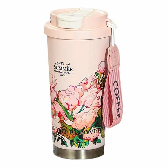 SXCRFKXH Coffee Mug Travel Cups with Lid and Flip Straw, 500ml Flower Pattern Water Str Insulated Steel with Tumbler