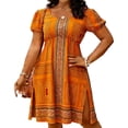 thumbnail image 3 of XUNKUSGA Summer Plus Size Dresses Vintage Print Boho Dress Classic Crewneck Puff Sleeve Beach Dresses for Women Fashion Split Hem Sun Dresses Women,Orange,M, 3 of 7