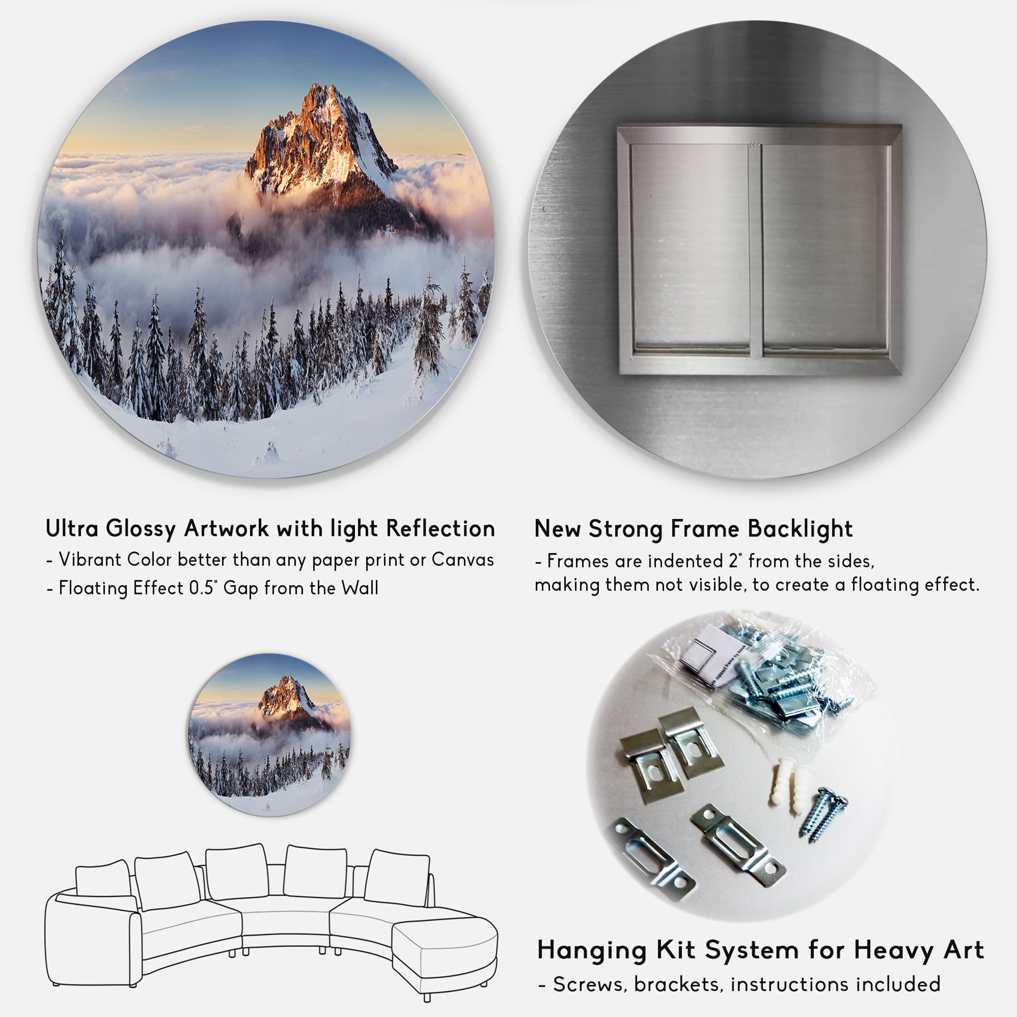 Designart 'Winter Mountain Landscape' Disc Photography Circle Metal Wall Art