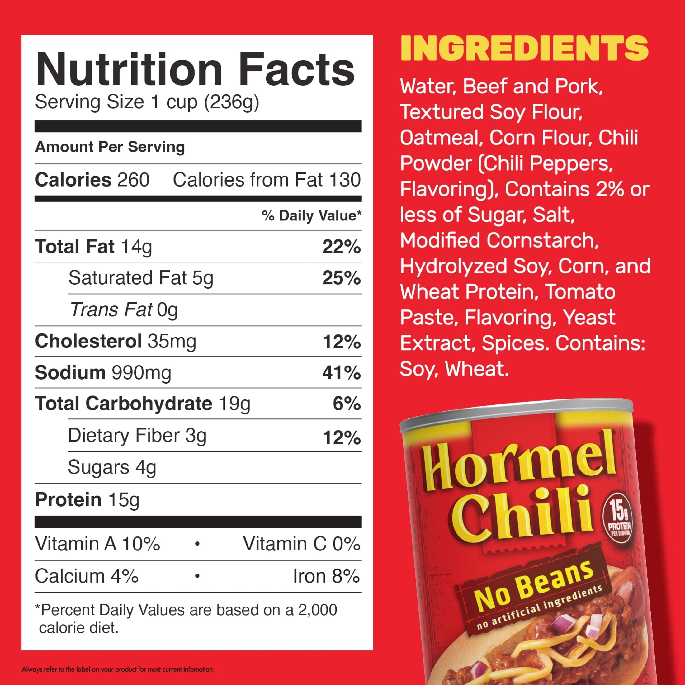(12 pack) HORMEL Chili No Beans Canned Chili, Shelf-Stable, 38 oz Steel Can