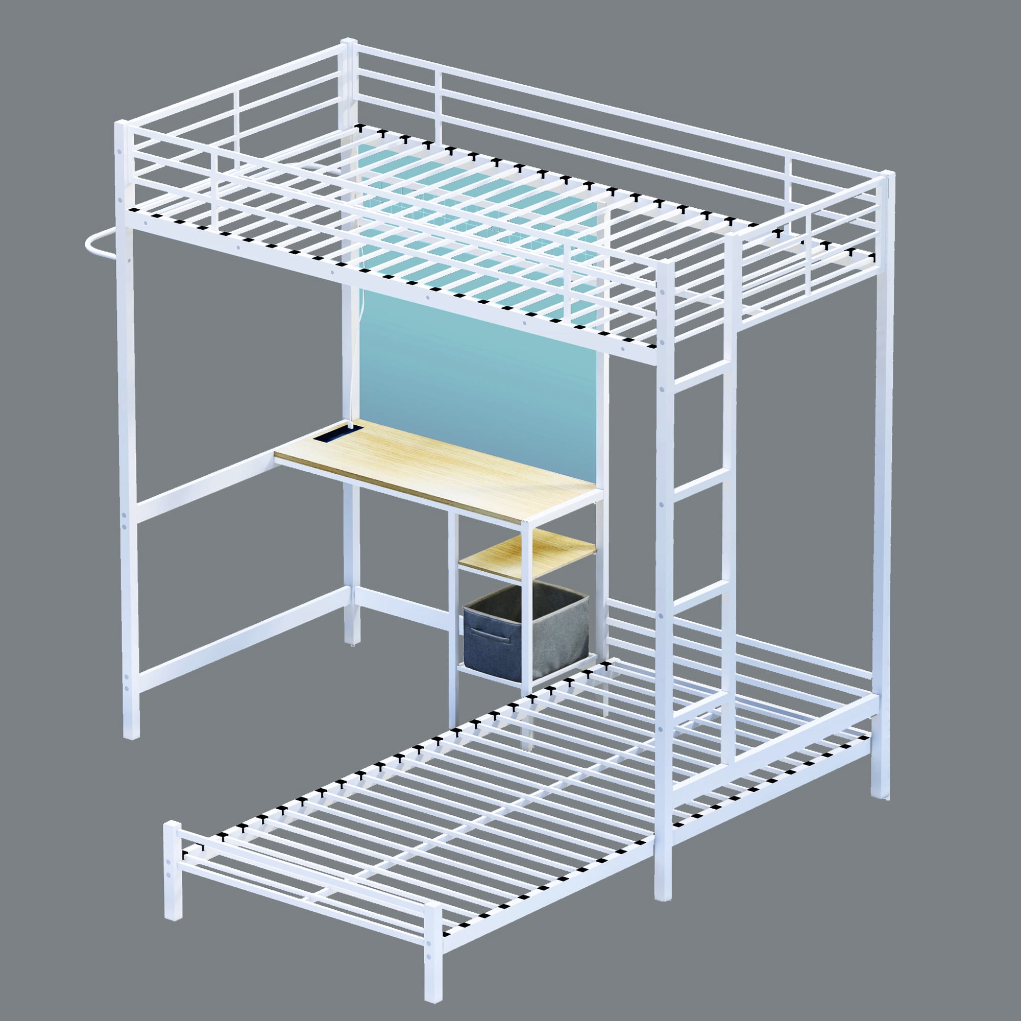 Aukfa Twin over Twin Bunk Bed with Desk, LED Light & Storage Shelves, L-Shaped Metal Bunk Bed for Teens & Kids, White