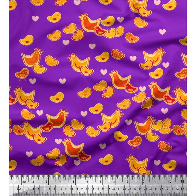 Soimoi Rayon Crepe Fabric Heart,Hen & Chick Cartoon Printed Craft Fabric by The Yard 46 Inch Wide