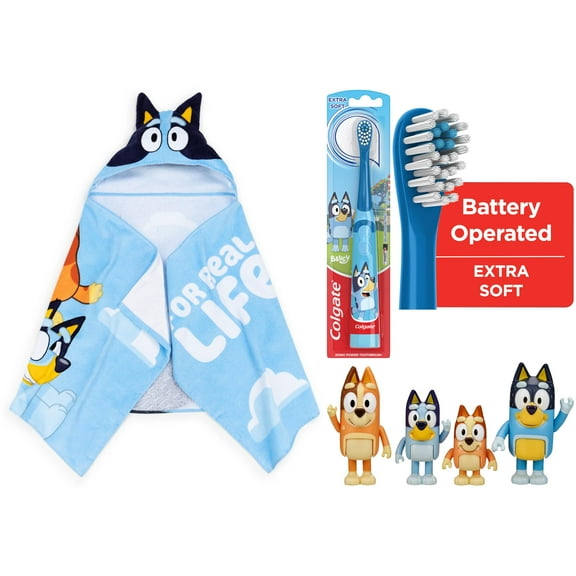 Bluey Bundle Bathtime Kit with (1) Hooded Towel, (1) Bluey Family Figure 4-Pack, & (1) Battery Toothbrush