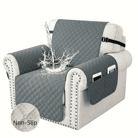 Recliner Chair Cover, Reversible Chair Cover Slipcover Waterproof Couch Cover Recliner Furniture Protector with Elastic Straps, Pockets Non-Slip Washable Pet Cover for Dogs Cats(23.6", Dark Grey)
