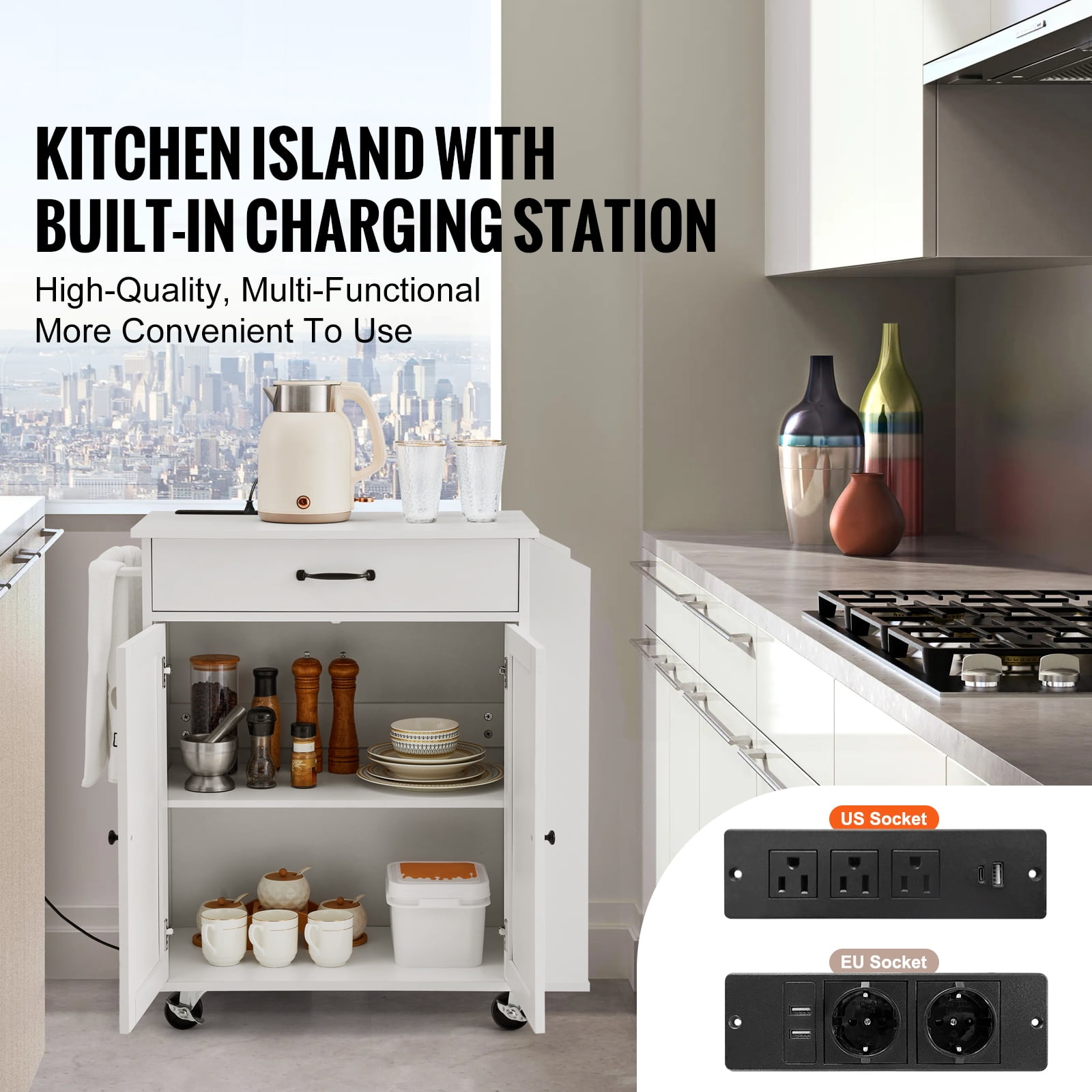 KFFKFF Rolling Kitchen Island Cart, 32" Kitchen Storage Cart with Countertop and Drawer, Movable Table featuring Power Socket, Herb Holder, Towel Hanger, Modifiable Shelf, Drawer,Wheel-Mounted, White