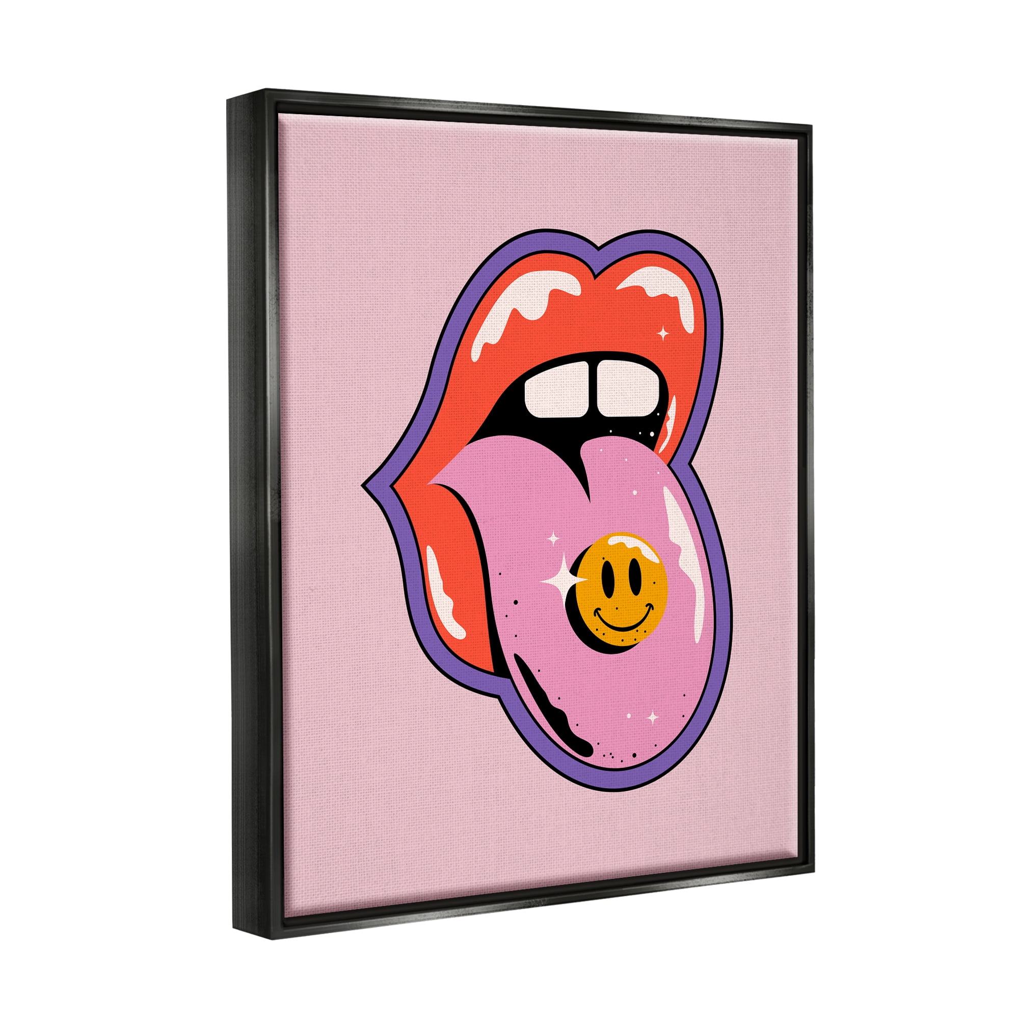 Stupell Industries Retro Lips with Smiley Abstract Painting Black Floater Framed Canvas Art Print Wall Art, 17 x 21