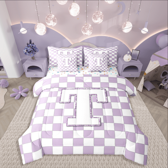 Castle Fairy Personalized Initial 7-Piece Twin Bedding Sets for Kids,Geometric Lattice Bedding Comforter Set,Purple Glitter Breathable Sheet Sets,Luxury Bedroom Decor