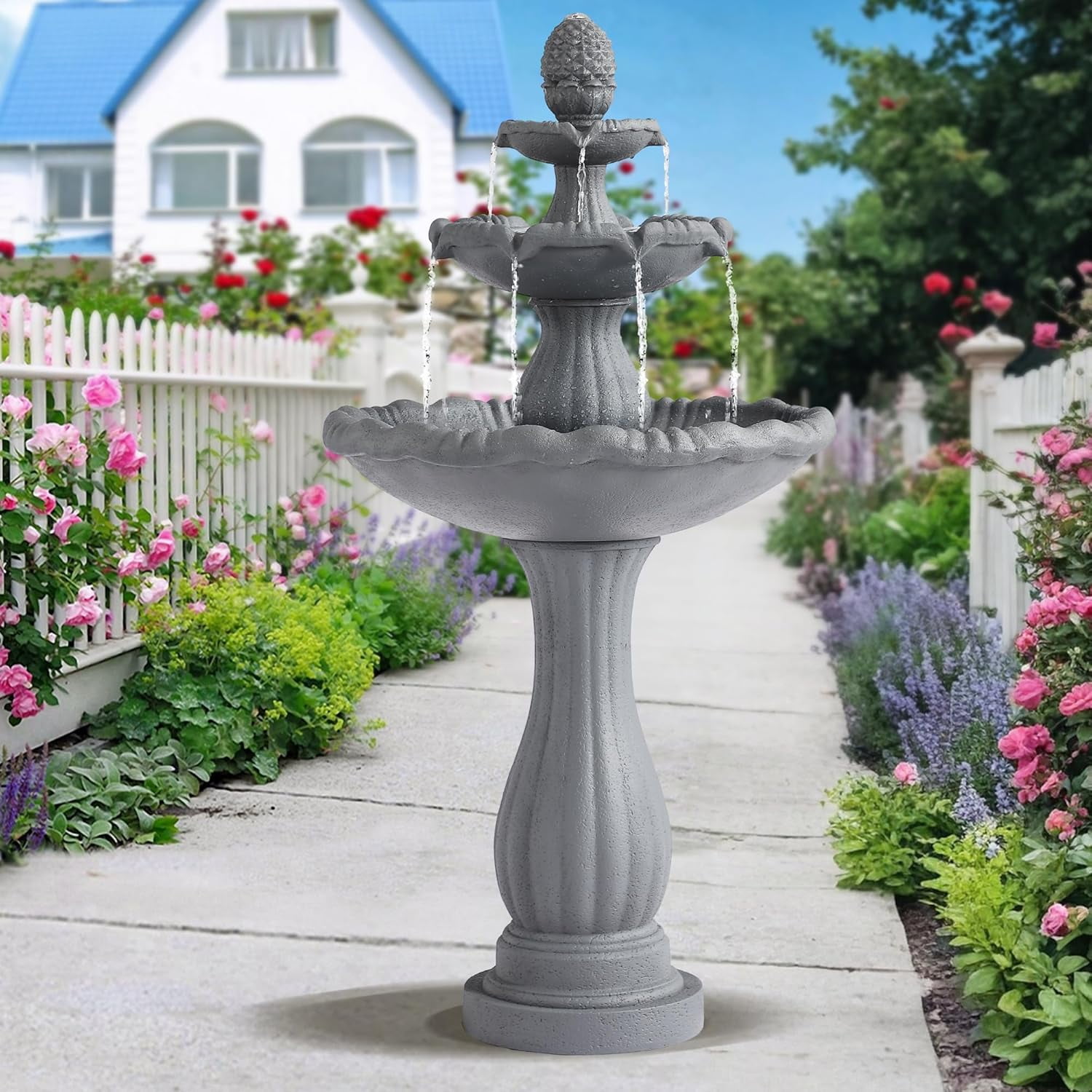 Haverchair 47.3" High Italian Feature Faux Stone Freestanding Water Fountain Outdoor and Indoor, 3-Tier Roman Pillar Waterfalls Fountains for Garden,Patio,Yard,Deck,Backyard,Porch