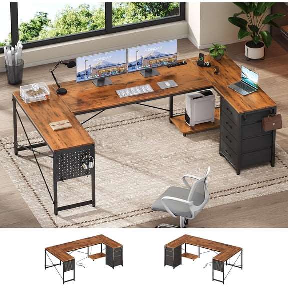 L Shaped Desk, 67" Reversible Computer Desk with 4 Fabric Drawers and Power Outlet, Corner U Shaped Desks with Shelf and Pegboard for Home Office, Rustic Brown