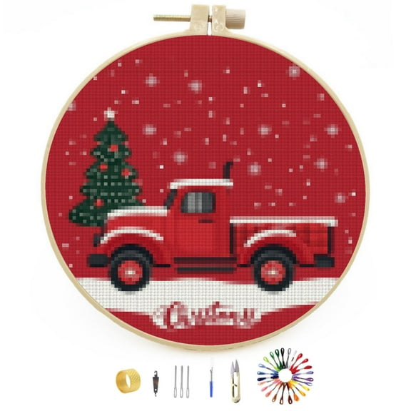 Merry Christmas Red Truck and Tree DIY Stamped Cross Stitch Kits Easy for Beginners with Hoop 11CT Counted Embroidery Needlepoint Crafts Arts for Handmade Enthusiasts and Home Decor 30x30cm(4)