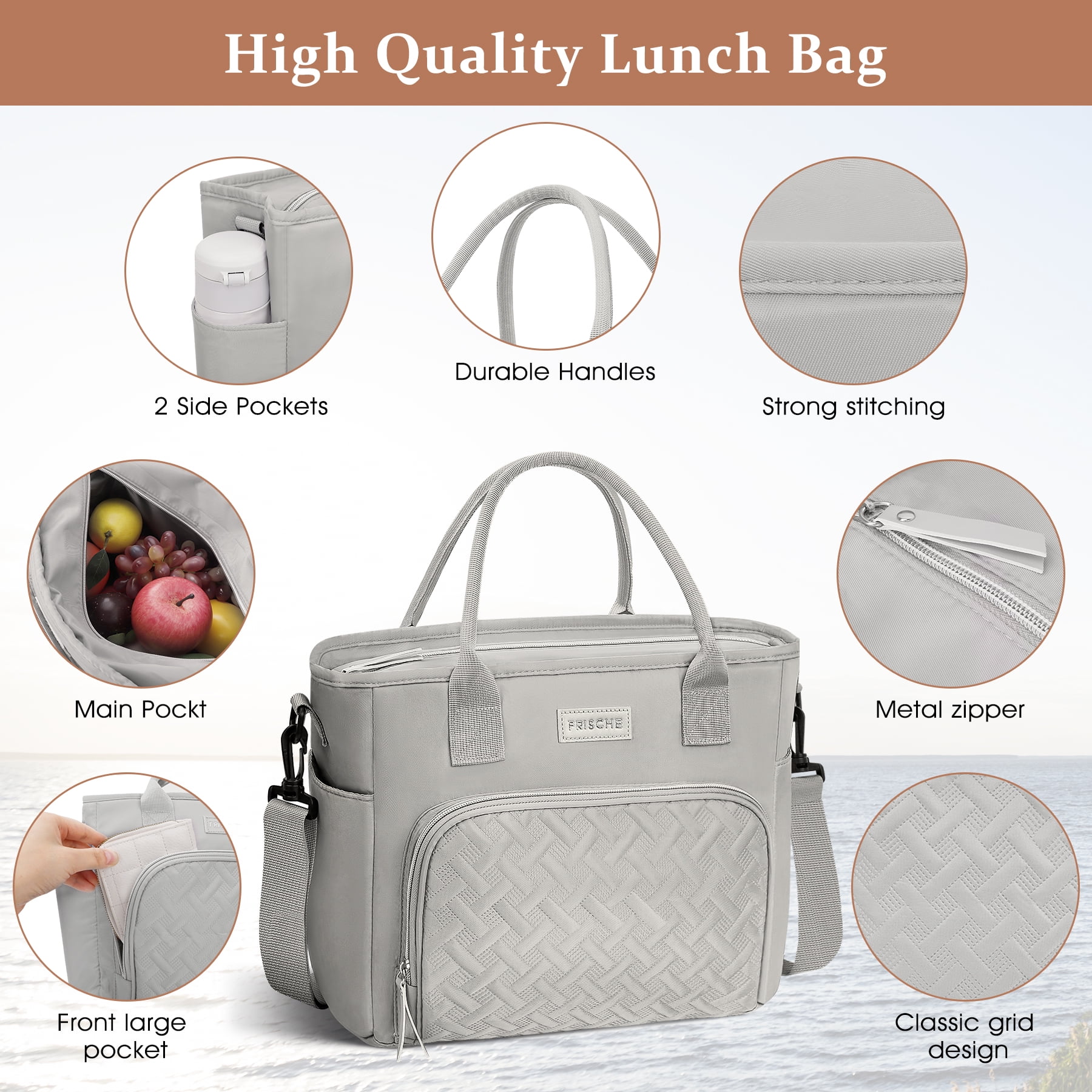 CshidWorld Insulated Lunch Bag for Men & Women - 18L Large Capacity Lunch Box for Work,Office ,Picnic, Hiking, Beach, Thermal Cooler Tote w/ Adjustable Strap, Pockets, Classic Plaid Design, Gray