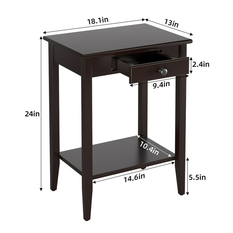 Oyang End Table, Small Bedside Tables with Drawer, Side Table with 2-Tier  Storage Shelves, Narrow Wood Night Stand