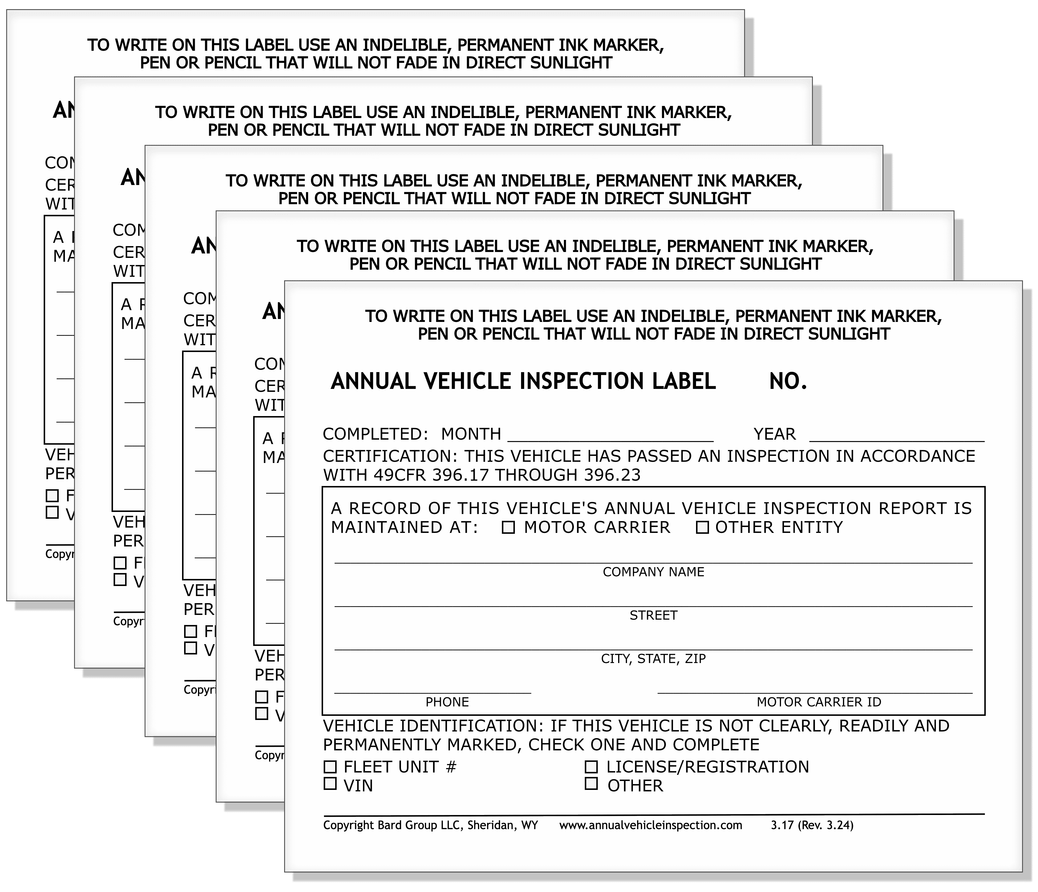 Annual Vehicle Inspection Label. 2-Ply Laminated Sticker. 20-PACK. Adhesive Vinyl, DOT Compliant.
