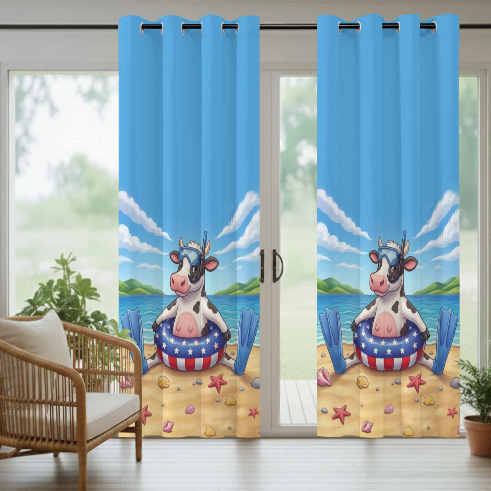 Snorkeling Cow Outdoor Curtains for Patio, Summer Beach Ocean Patriotic Swimming Ring Sunshade Privacy Drapes Grommet Waterproof Outside Curtains for Porch/Cabana/Balcony 54"x 108", 1 Panel