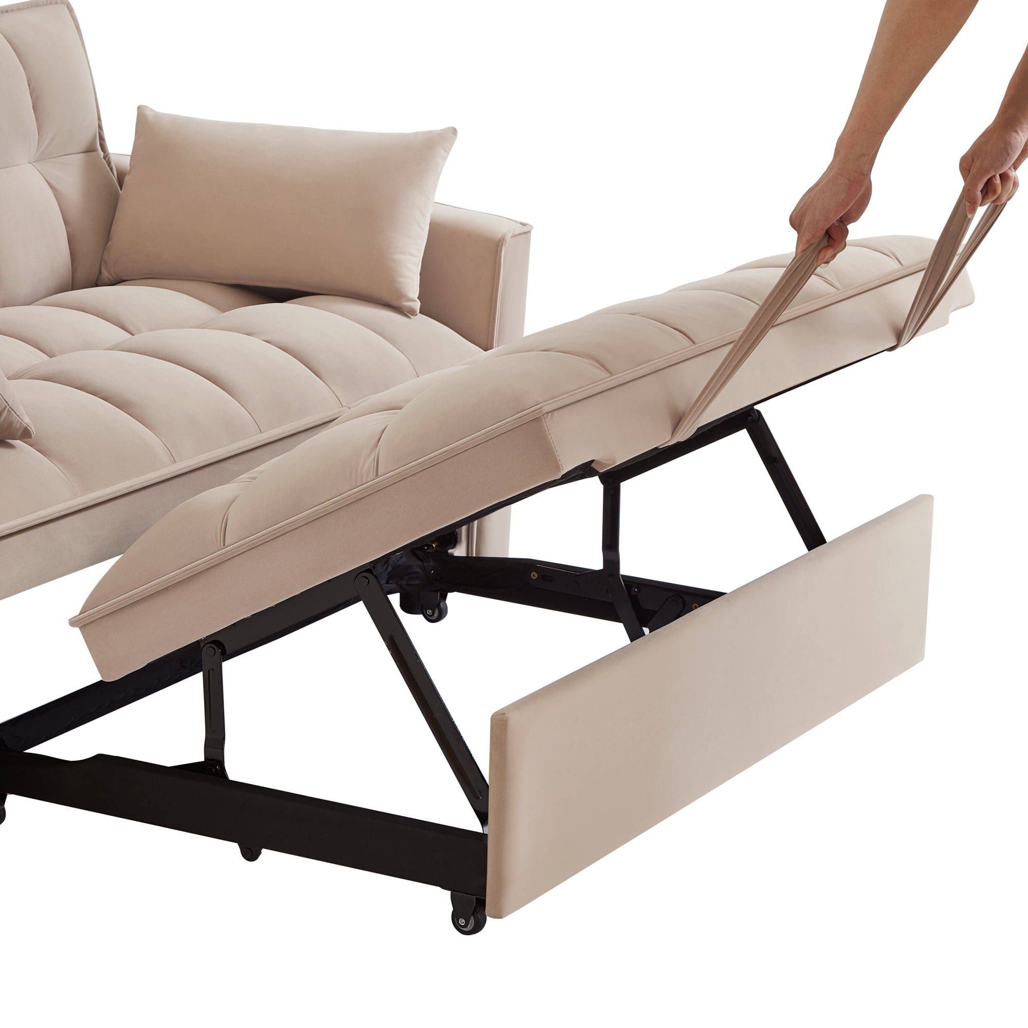 3 in 1 Convertible Sleeper Sofa Bed, 53" Modern Convertible Sofa Bed with 2 Detachable Arm Pockets,Velvet Pull Out Couch with Pull Out Bed for Living Room Furniture,Taupe