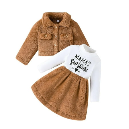 

Toddler Girls Outfits Casual Outfits Pei Autumn/Winter Lapel Coat Letter Print Dress Furry Suit Fall Girls Clothes 4 Years-5 Years