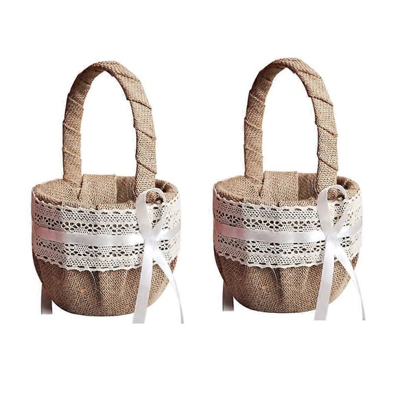 2pcs Wedding Linen Lace Basket Rustic Burlap Bowknot Basket for Ceremony Engagement Party