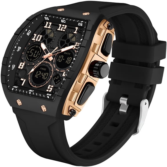 DESIGNICE Designer Watches for Men Casual Quartz Dress Wrist Watch Unique Rectangle Dial White Wristwatch with Digital Analog Dual Time Display Countdown