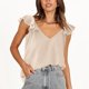 thumbnail image 3 of Mujeres ruffle Cap manga Top Deep V Masajeadores de cuello backless Loose fit color puro casual verano camiseta albaricoque M, 3 of 8